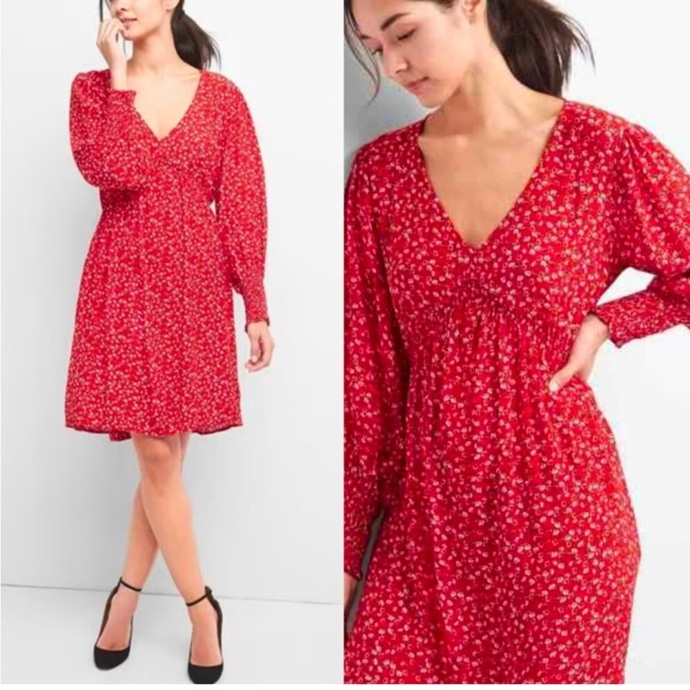 GAP Red Floral Long Sleeve Dress A line shift dress